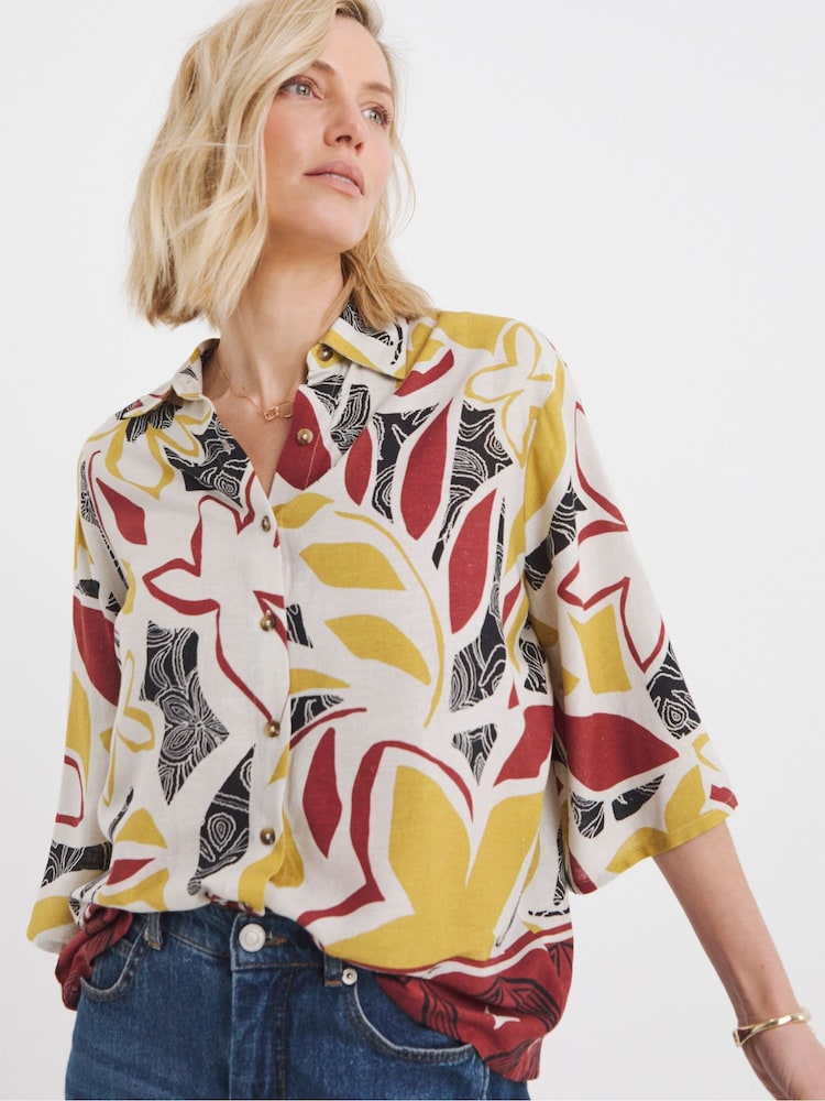 JD Williams Natural Red Print Linen Shirt - Image 2 of 6