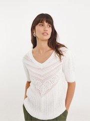 JD Williams White Crochet V-Neck Short Sleeve Jumper - Image 1 of 4