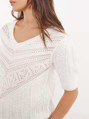 JD Williams White Crochet V-Neck Short Sleeve Jumper - Image 3 of 4