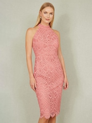 Yumi Pink Lace Halter Neck Dress - Image 1 of 5