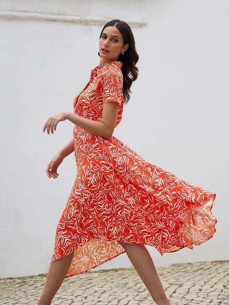 Yumi Orange Leaf Print Dip Hem Midi Shirt Dress - Image 2 of 5