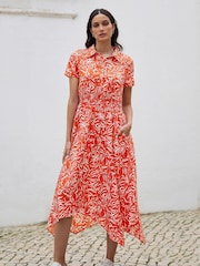 Yumi Orange Leaf Print Dip Hem Midi Shirt Dress - Image 3 of 5