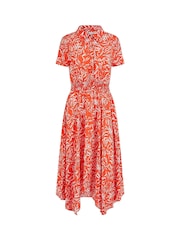 Yumi Orange Leaf Print Dip Hem Midi Shirt Dress - Image 5 of 5