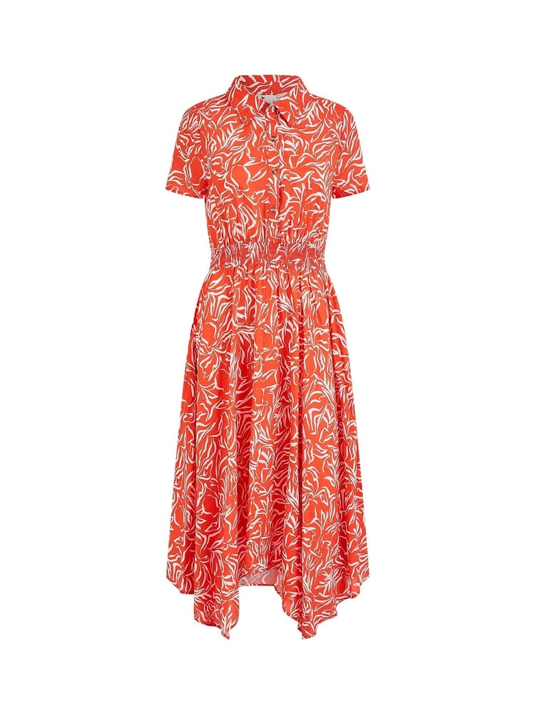 Yumi Orange Leaf Print Dip Hem Midi Shirt Dress - Image 5 of 5