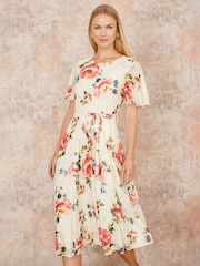 Yumi Cream Mesh Floral Print Midi Dress With Angel Sleeves - Image 1 of 5