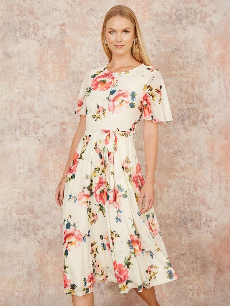 Yumi Cream Mesh Floral Print Midi Dress With Angel Sleeves - Image 1 of 5