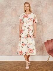 Yumi Cream Mesh Floral Print Midi Dress With Angel Sleeves - Image 2 of 5