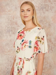 Yumi Cream Mesh Floral Print Midi Dress With Angel Sleeves - Image 3 of 5