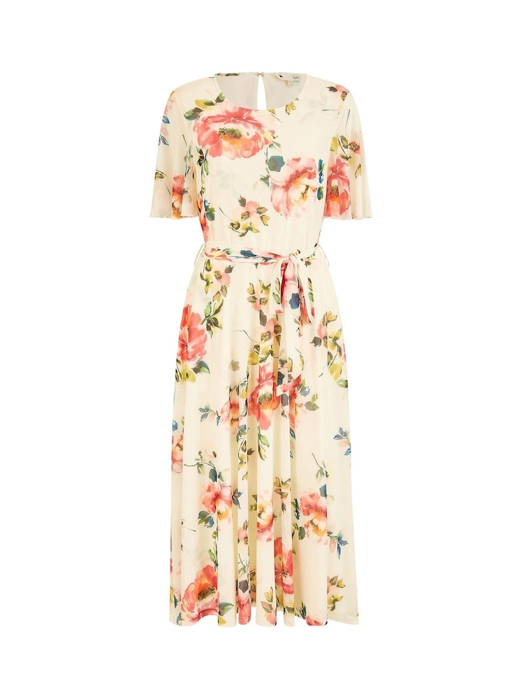 Yumi Cream Mesh Floral Print Midi Dress With Angel Sleeves - Image 5 of 5
