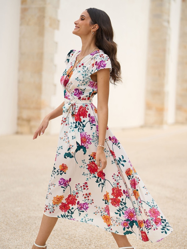 Yumi Cream Flower  Print Wrap Midi Dress - Image 2 of 5