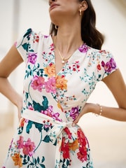 Yumi Cream Flower  Print Wrap Midi Dress - Image 3 of 5