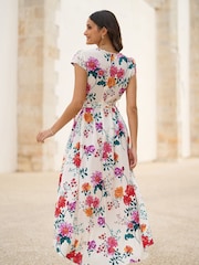 Yumi Cream Flower  Print Wrap Midi Dress - Image 4 of 5