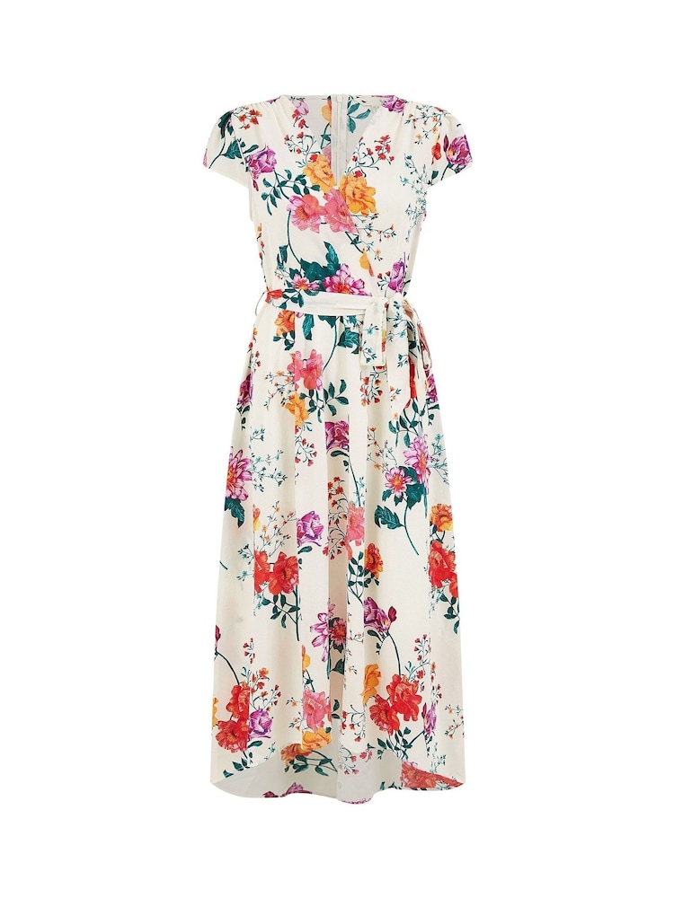 Yumi Cream Flower  Print Wrap Midi Dress - Image 5 of 5