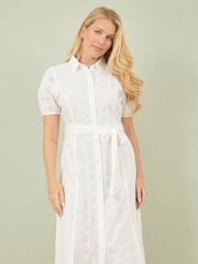 Yumi White 100% Cotton Broderie Anglaise Midi Shirt Dress - Image 1 of 5
