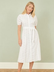 Yumi White 100% Cotton Broderie Anglaise Midi Shirt Dress - Image 2 of 5