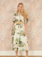 Yumi Green Broderie Anglaise Midi 100% Cotton Shirt Dress - Image 2 of 5