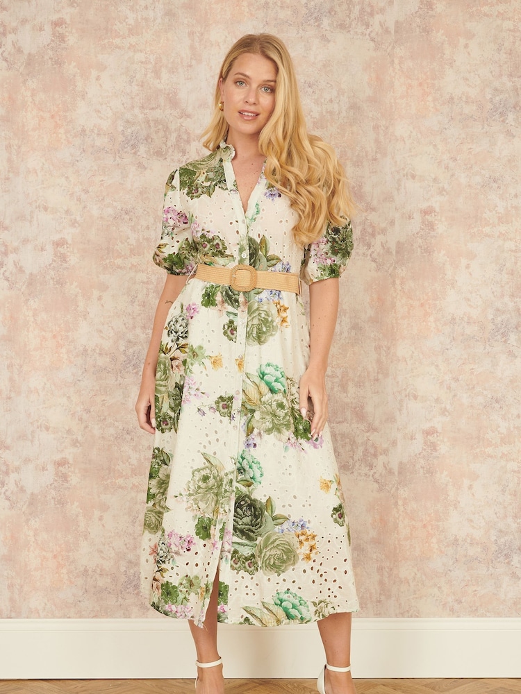 Yumi Green Broderie Anglaise Midi 100% Cotton Shirt Dress - Image 2 of 5