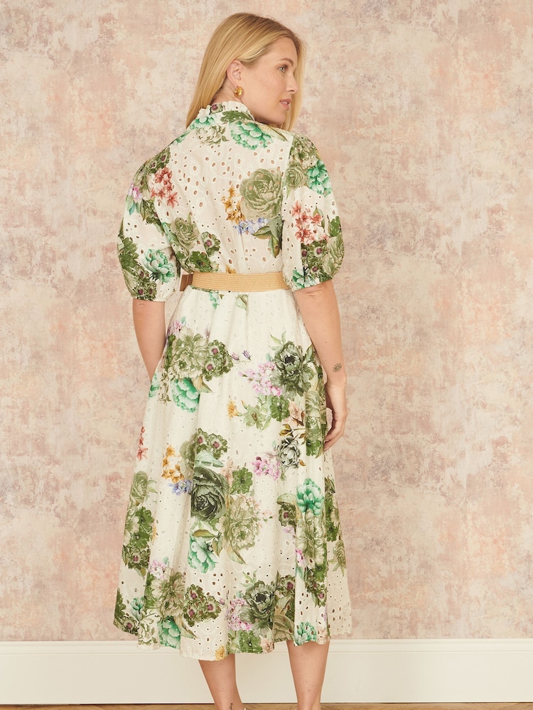 Yumi Green Broderie Anglaise Midi 100% Cotton Shirt Dress - Image 4 of 5