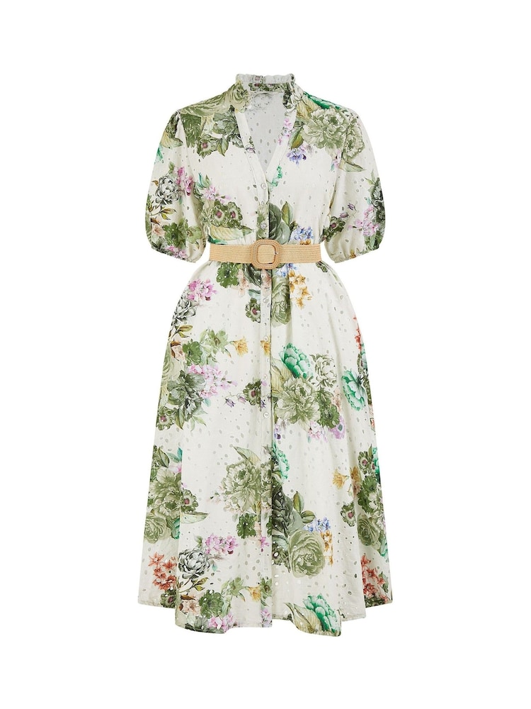 Yumi Green Broderie Anglaise Midi 100% Cotton Shirt Dress - Image 5 of 5