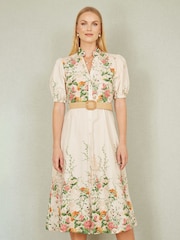 Yumi Cream Printed Midi Floral Print Placement 100% Cotton Shirt Dress - Image 1 of 5