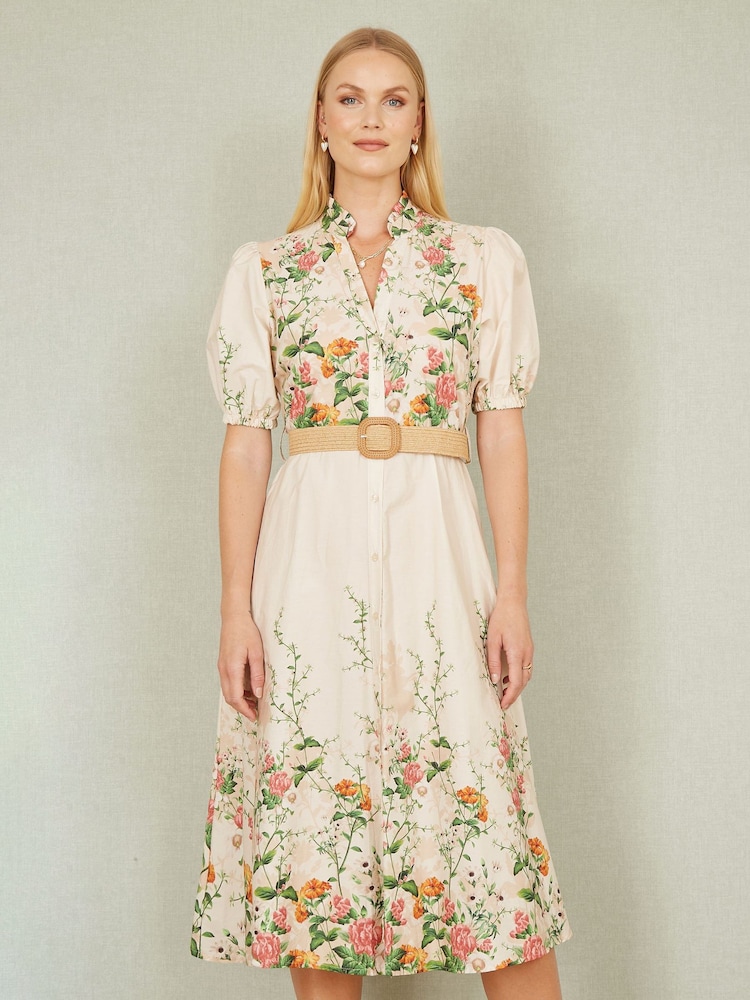 Yumi Cream Printed Midi Floral Print Placement 100% Cotton Shirt Dress - Image 1 of 5