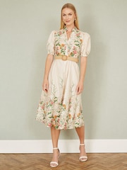 Yumi Cream Printed Midi Floral Print Placement 100% Cotton Shirt Dress - Image 2 of 5