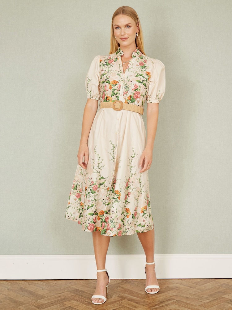 Yumi Cream Printed Midi Floral Print Placement 100% Cotton Shirt Dress - Image 2 of 5