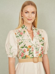Yumi Cream Printed Midi Floral Print Placement 100% Cotton Shirt Dress - Image 3 of 5
