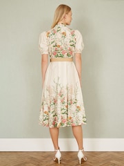 Yumi Cream Printed Midi Floral Print Placement 100% Cotton Shirt Dress - Image 4 of 5
