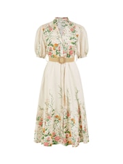 Yumi Cream Printed Midi Floral Print Placement 100% Cotton Shirt Dress - Image 5 of 5