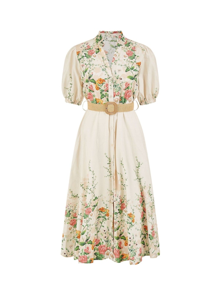 Yumi Cream Printed Midi Floral Print Placement 100% Cotton Shirt Dress - Image 5 of 5