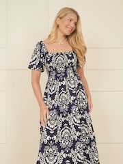 Yumi Blue Print Ruched Midi Dress - Image 1 of 5