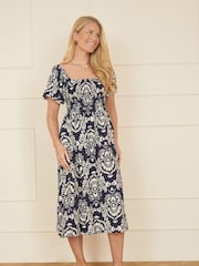 Yumi Blue Print Ruched Midi Dress - Image 2 of 5