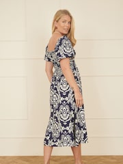 Yumi Blue Print Ruched Midi Dress - Image 4 of 5