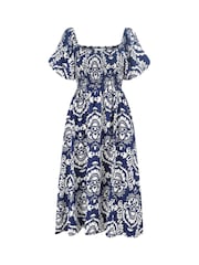 Yumi Blue Print Ruched Midi Dress - Image 5 of 5