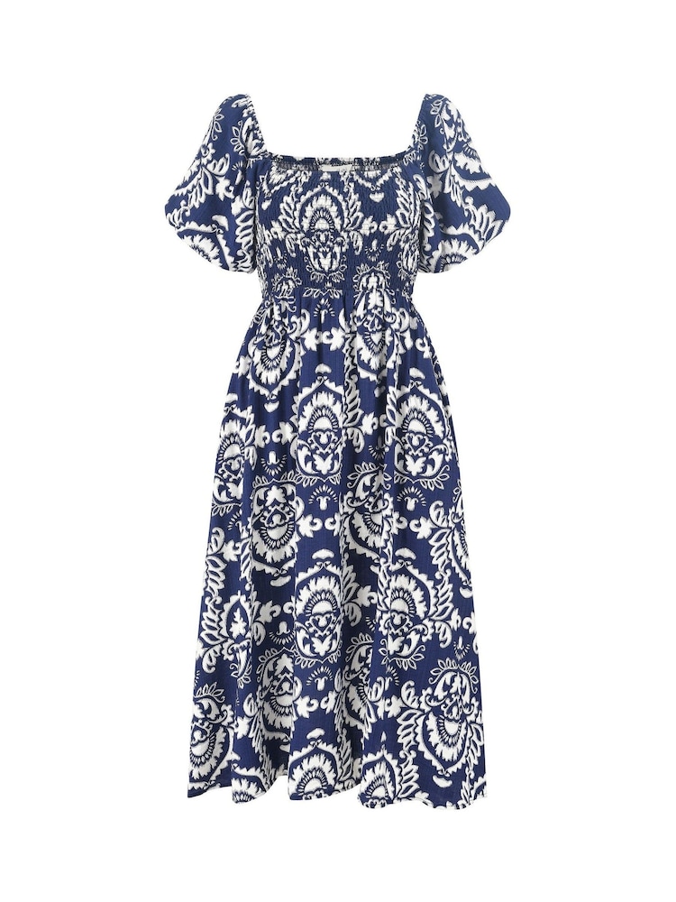 Yumi Blue Print Ruched Midi Dress - Image 5 of 5