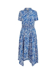 Yumi Blue Leaf Print Dip Hem Midi Shirt Dress - Image 5 of 5