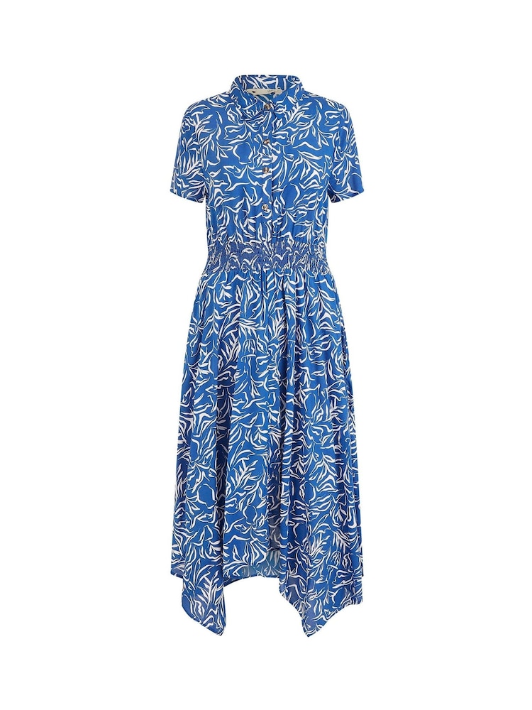 Yumi Blue Leaf Print Dip Hem Midi Shirt Dress - Image 5 of 5