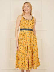 Yumi Yellow Floral Print Skater 100% Cotton Dress With Denim Trims - Image 1 of 4
