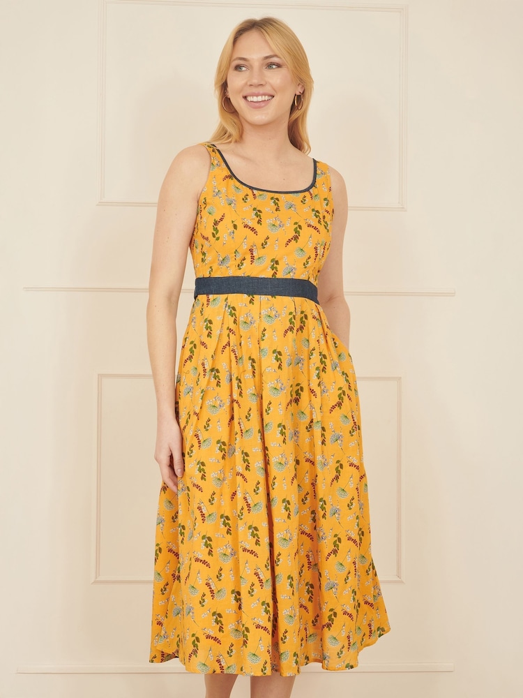Yumi Yellow Floral Print Skater 100% Cotton Dress With Denim Trims - Image 1 of 4