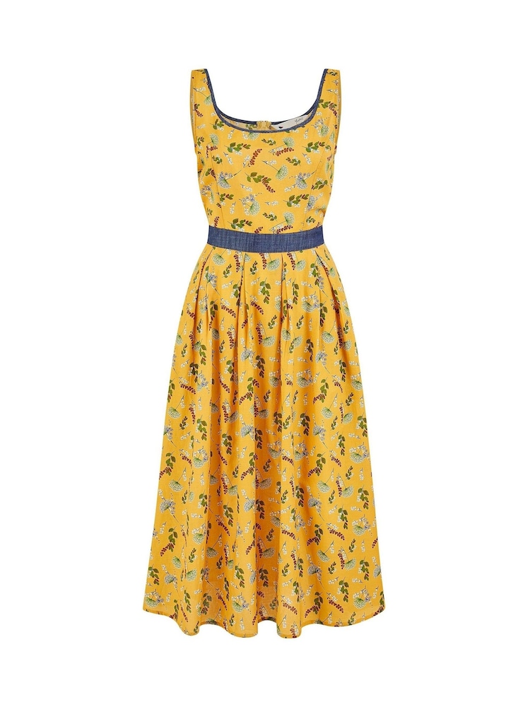 Yumi Yellow Floral Print Skater 100% Cotton Dress With Denim Trims - Image 4 of 4