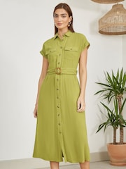 Yumi Green Viscose Look Midi Shirt Dress With Wooden Belt - Image 1 of 5