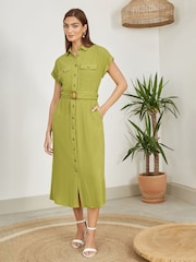 Yumi Green Viscose Look Midi Shirt Dress With Wooden Belt - Image 2 of 5