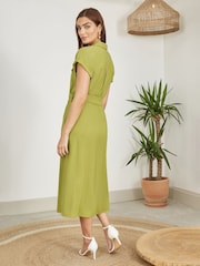 Yumi Green Viscose Look Midi Shirt Dress With Wooden Belt - Image 3 of 5
