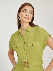 Yumi Green Viscose Look Midi Shirt Dress With Wooden Belt - Image 4 of 5