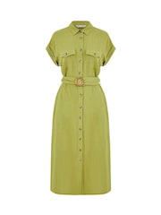 Yumi Green Viscose Look Midi Shirt Dress With Wooden Belt - Image 5 of 5