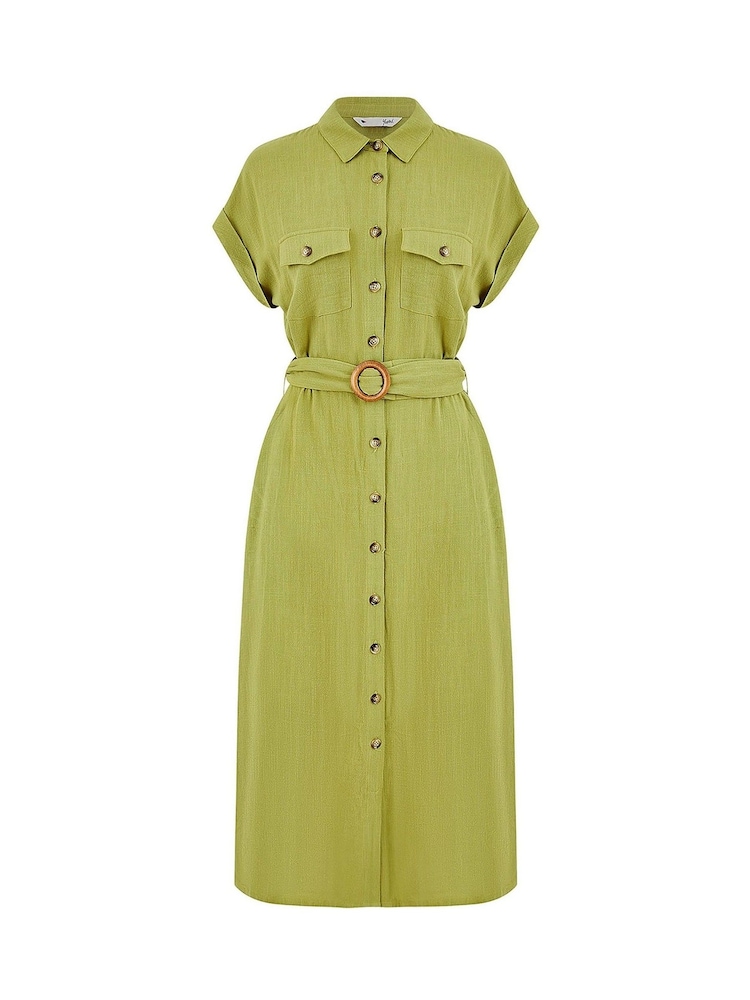 Yumi Green Viscose Look Midi Shirt Dress With Wooden Belt - Image 5 of 5