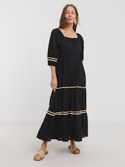 JD Williams Black 100% Cotton Rick Rack Trim Tier Smock Dress - Image 1 of 5