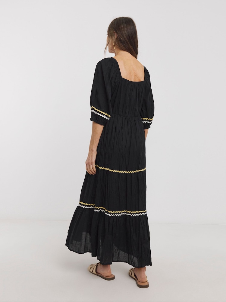 JD Williams Black 100% Cotton Rick Rack Trim Tier Smock Dress - Image 2 of 5