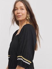 JD Williams Black 100% Cotton Rick Rack Trim Tier Smock Dress - Image 3 of 5